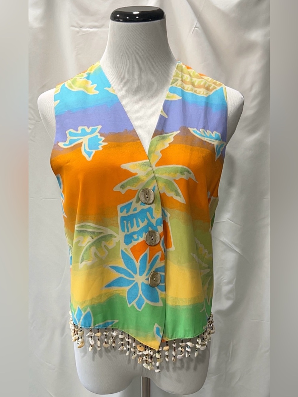 Vintage The La Costa Spa California Vest Size M Rayon Shell Beaded Fringe Multi